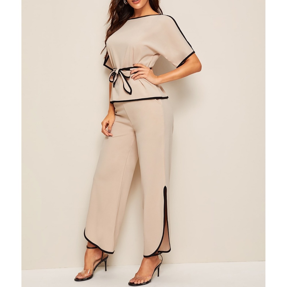 Nude Black Trim Belted Top Side Split Pants Set - Picture 4 of 6